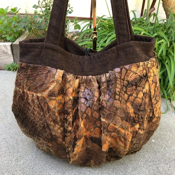 CONNIE GUNDERSON Ventura CA Designer Shoulder Purse Satchel Fuzzy Hand Bag Brown - Picture 3 of 16